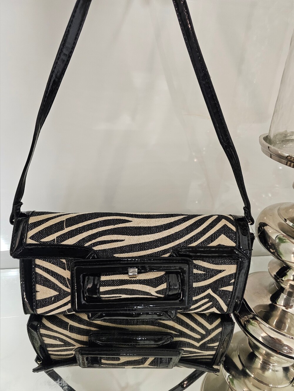 Y2K Sondra Roberts Black & Cream Zebra-Print Patent Trim Shoulder Bag